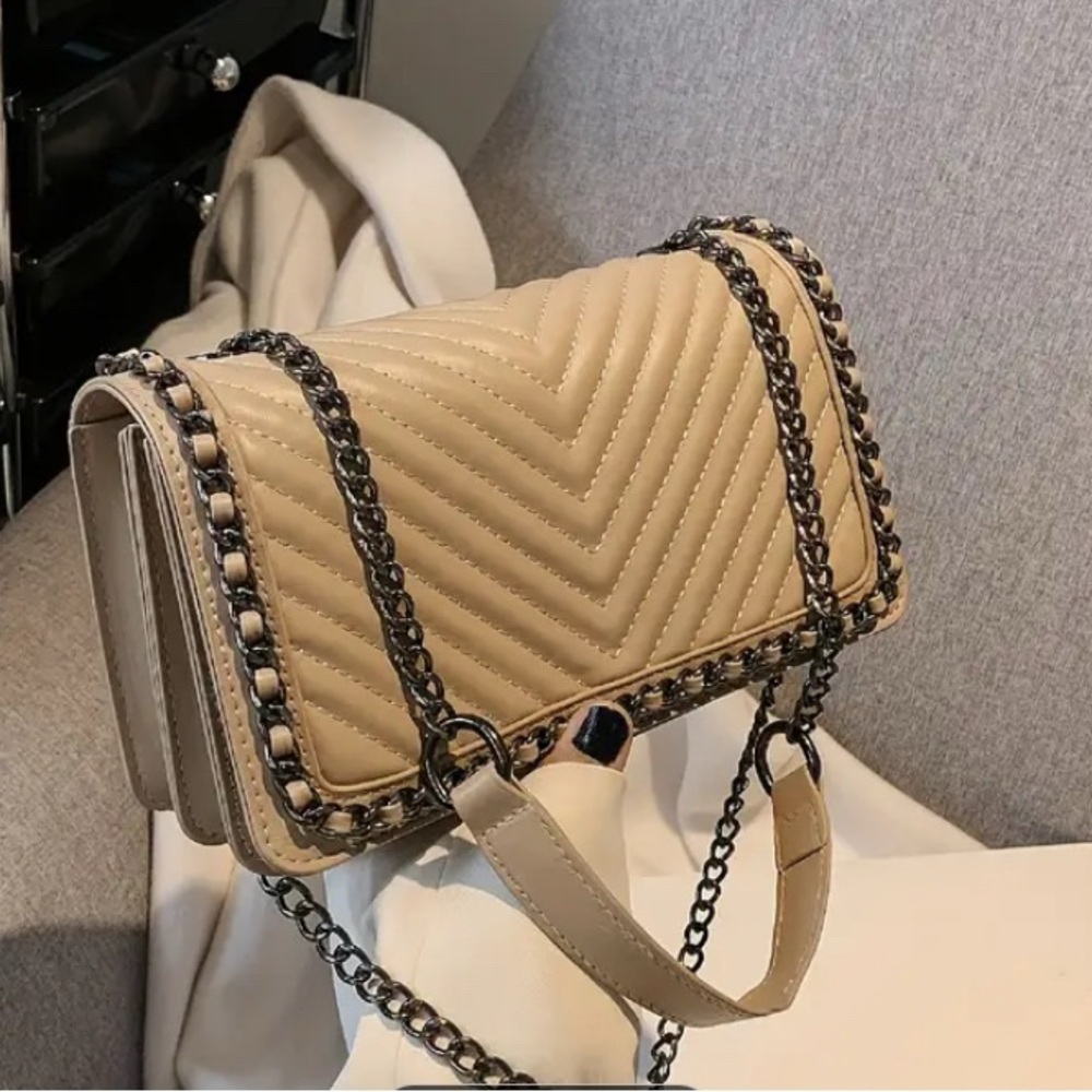 Tan Quilted Crossbody Bag with Chain Strap